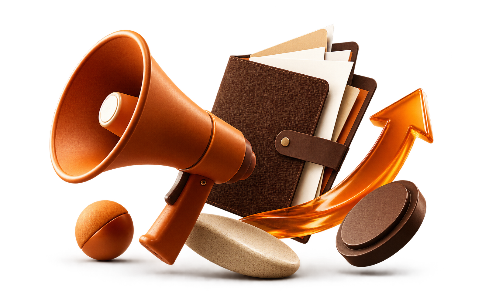 Megafone e elementos de proposta representando o próximo movimento