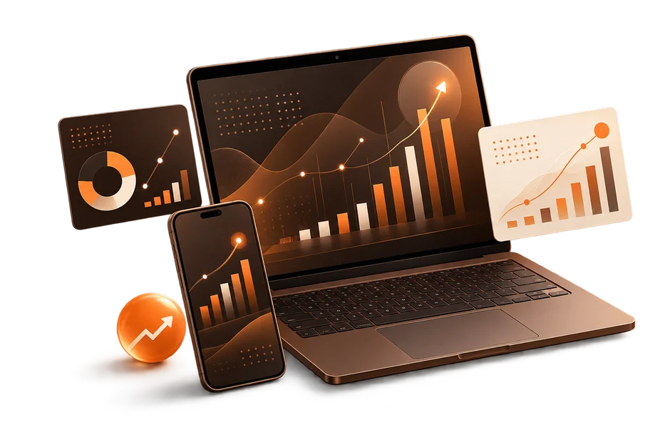 Painel visual de dados e crescimento em notebook e celular
